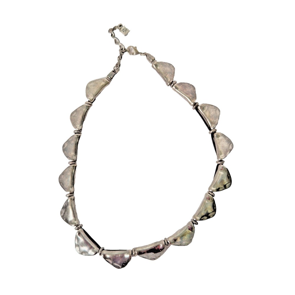 UNO DE 50 SILVER TRIANGLES ON BROWN LEATHER LOBSTER CASP NECKLACE 16"S Shinny